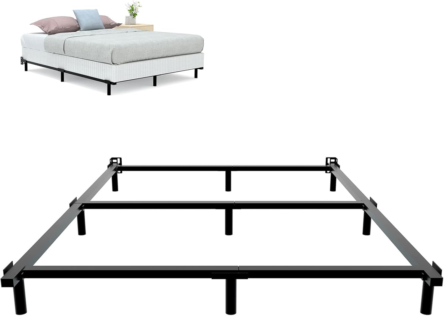 DTIG 7 Inch Full Size Metal Bed Frame for Box Spring and Mattress, 9-Leg Support Box Spring Base, Easy Assembly Tool-Free Heavy Duty Bed Frame Black
